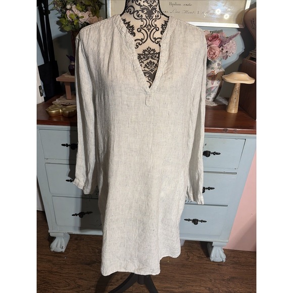 Tahari Dresses & Skirts - Tahari 100% Linen Black & White Striped Long Sleeve Tunic Dress Sz XL. Boho